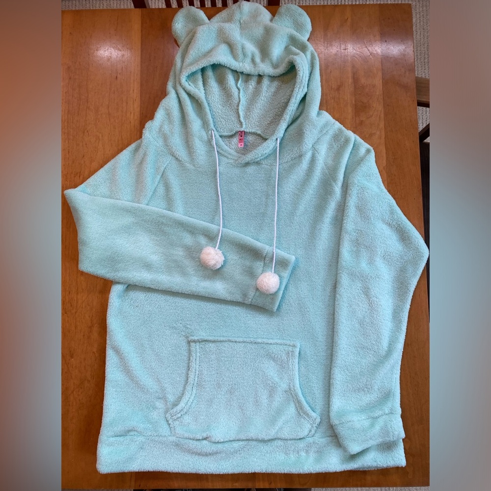 RUE21 Plush Sherpa Hoodie w/ Ears & Drawstring Puff Balls Ends- Aquamarine M